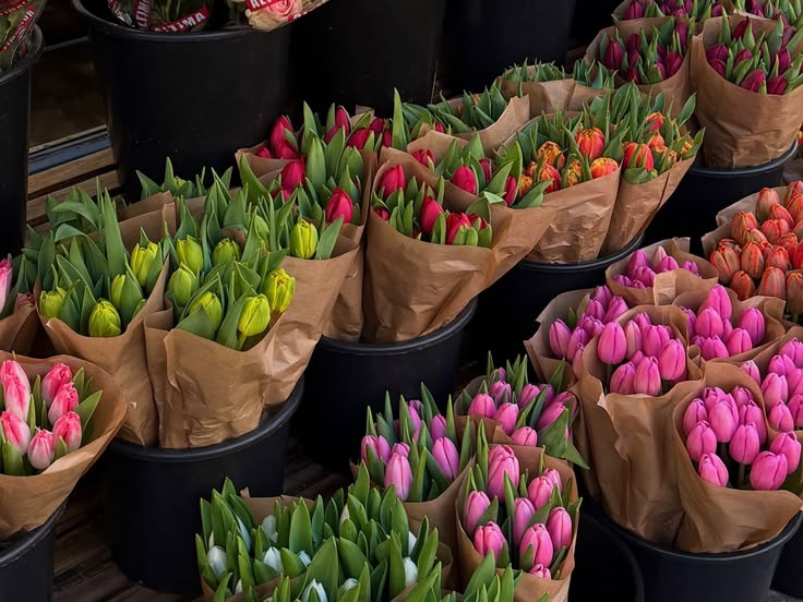 Bouquets de tulipes colorées sur un étal de fleurs